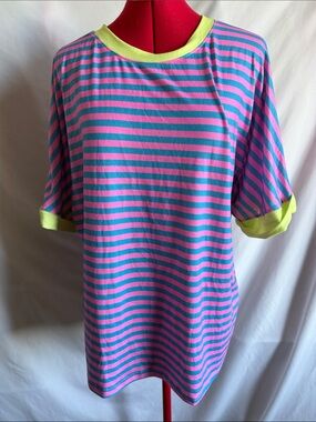 Striped Short Sleeve Tee in Pink & Teal with Lime Trim